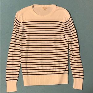 White with navy blue stripped sweater